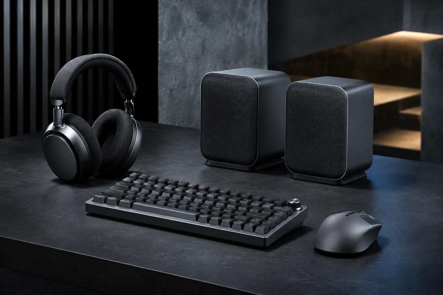 AI-gestützte Produktvisualisierung für Consumer Electronics – Lautsprecher, Tastatur, Maus und Kopfhörer
