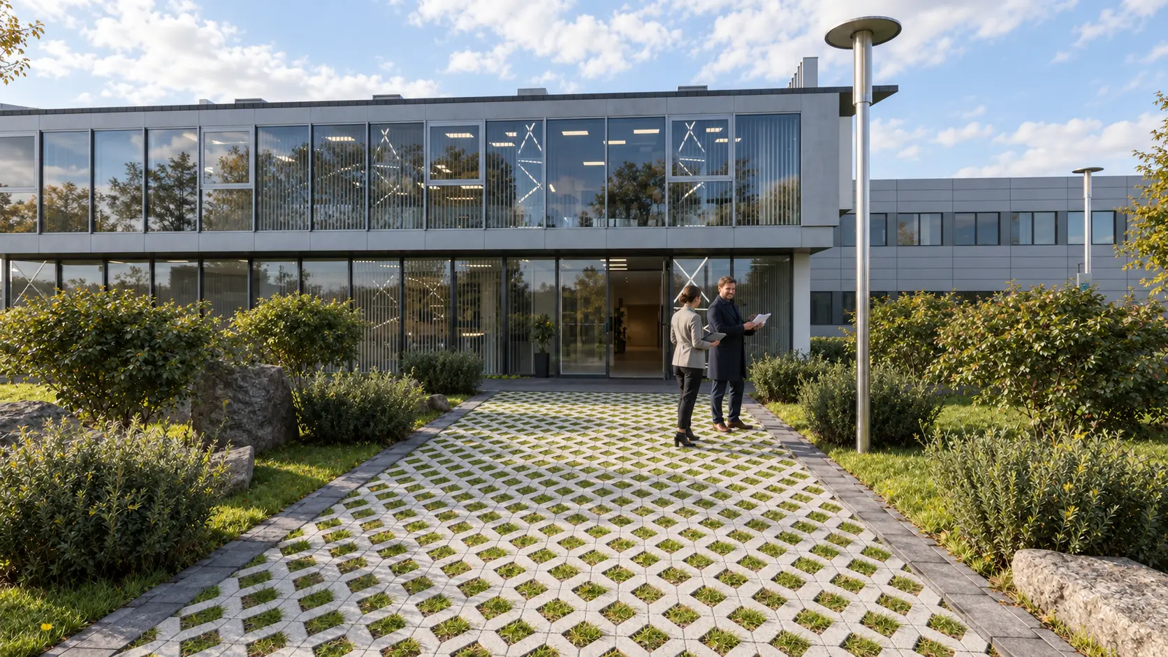 Fotorealistische Visualisierung der Zürcher Bürofassade mit begrüntem Eingangsbereich.