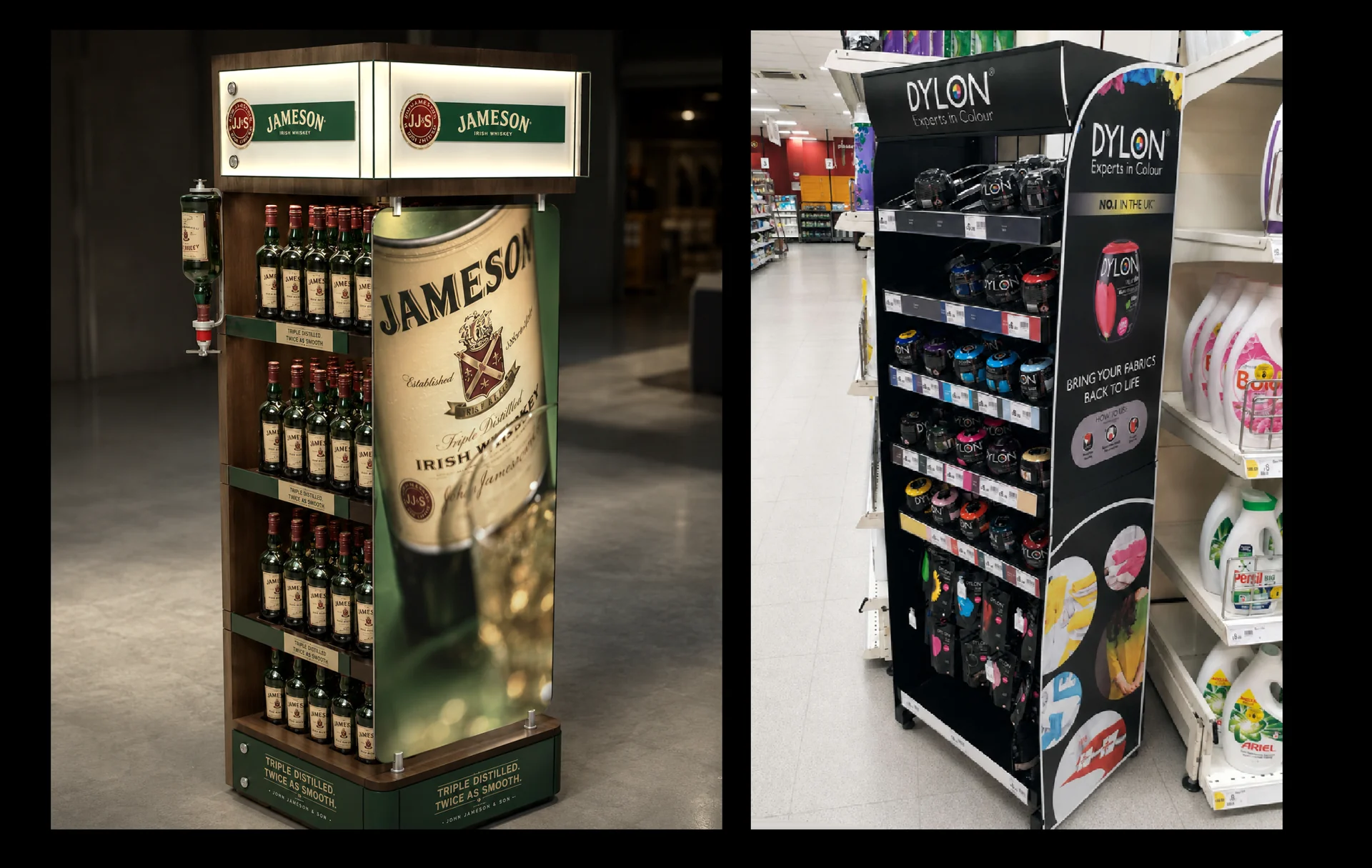 Ausgewählte POP- und POS-Displaylösungen für Jameson und Dylon – von der Gestaltung und 3D-Visualisierung bis zur technischen Ausarbeitung für den Einsatz im britischen Einzelhandel.